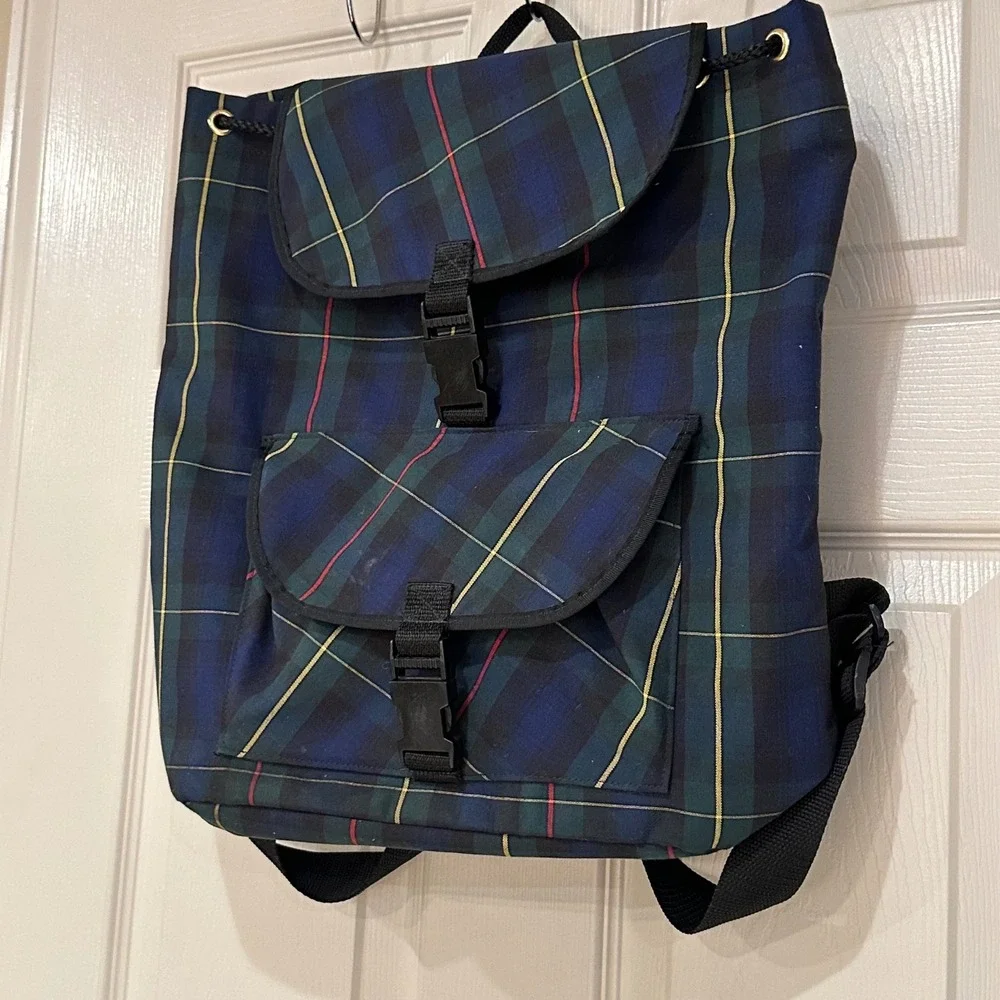 Vintage Plaid Backpack Navy Green Tartan School Bag Buckle Closure Large